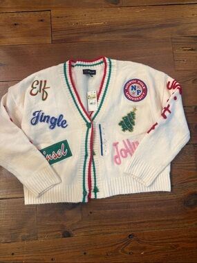 White Holiday Patch Cardigan Sweater with Festive Embroidery